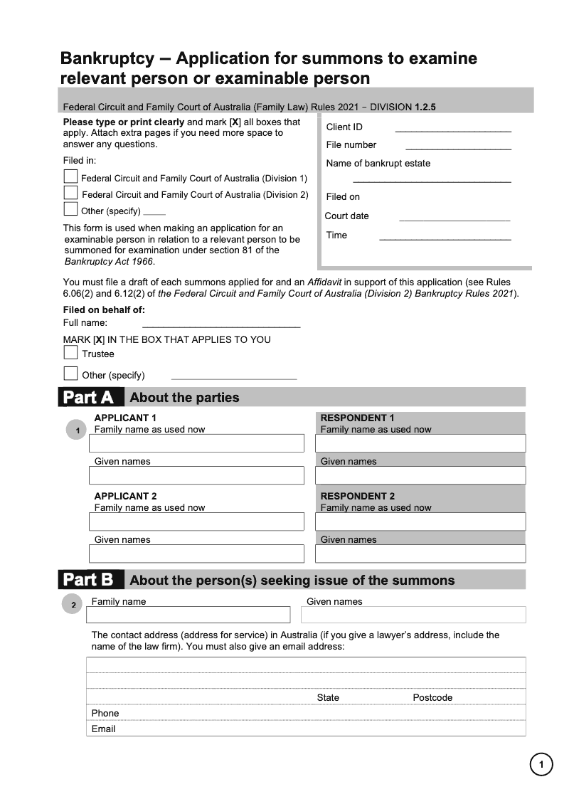 FCFCOA BANK2 Bankruptcy Application for summons to examine relevant person or examinable person preview