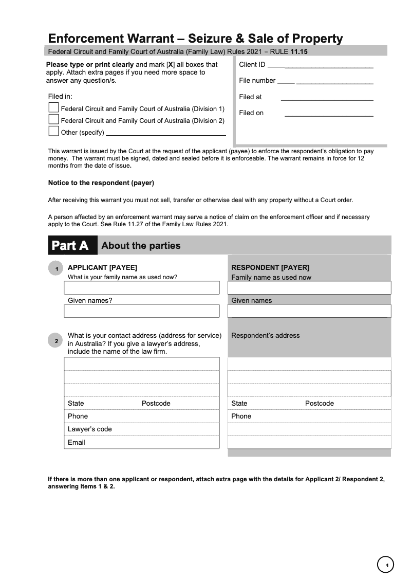 FCFCOA ENF1 Enforcement Warrant Seizure Sale of Property preview
